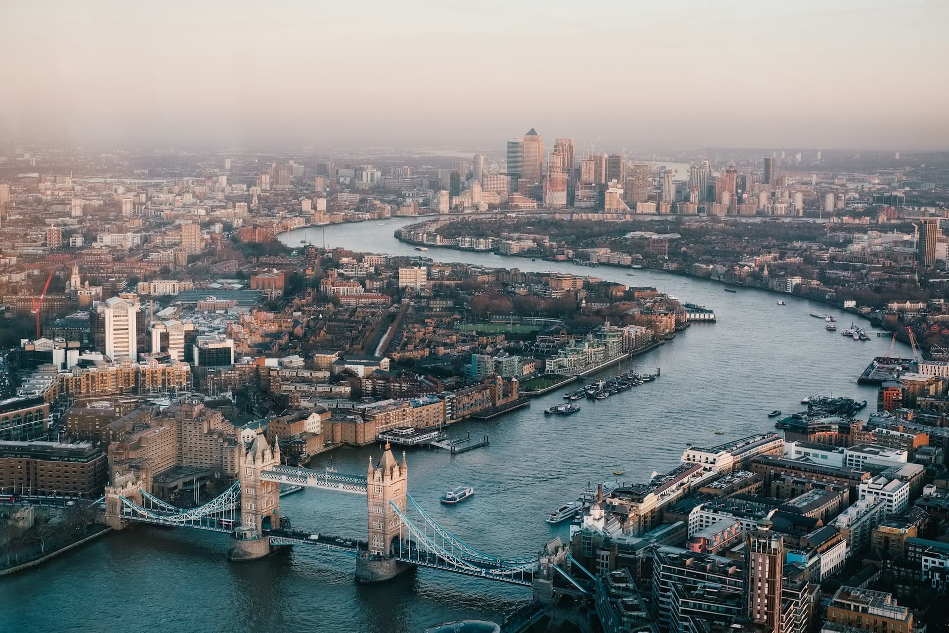 Aerial view of London and Tower Bridge